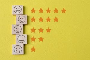 Face emotions with star ratings isolated on yellow background